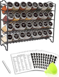 Spice Rack Organizer with 32 Glass Spice Jars and 396 Spice Labels | Chalk Marker, Funnel, 32 Pcs 4Oz Spice Bottles, 4 Tier Spice Organizer for Cabinet, Countertop, Cupboard or Wall Mount, Black